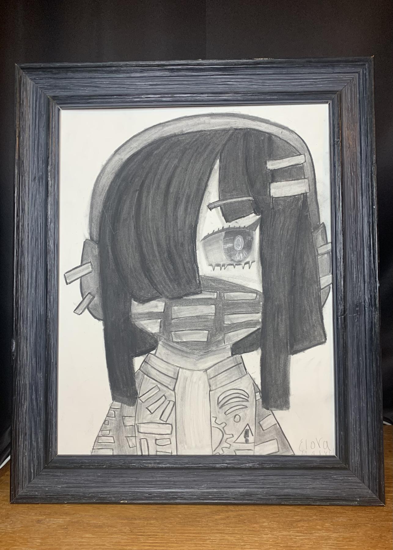 A black and white drawing of a girl wearing a mask