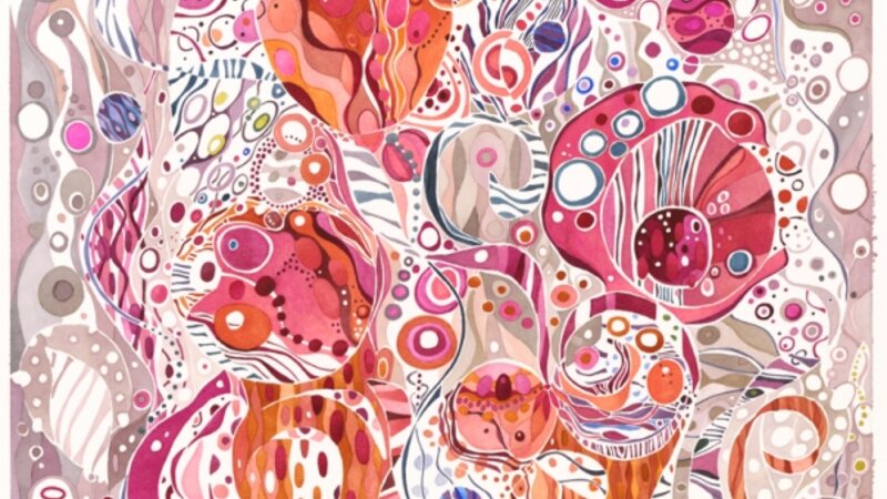 Watercolor painting of tulip flowers in rose, purple and beige fantasy.