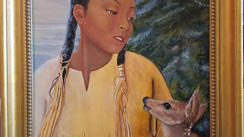 Northeast Woodlands Young Woman between Ocean and Forest greets Fawn