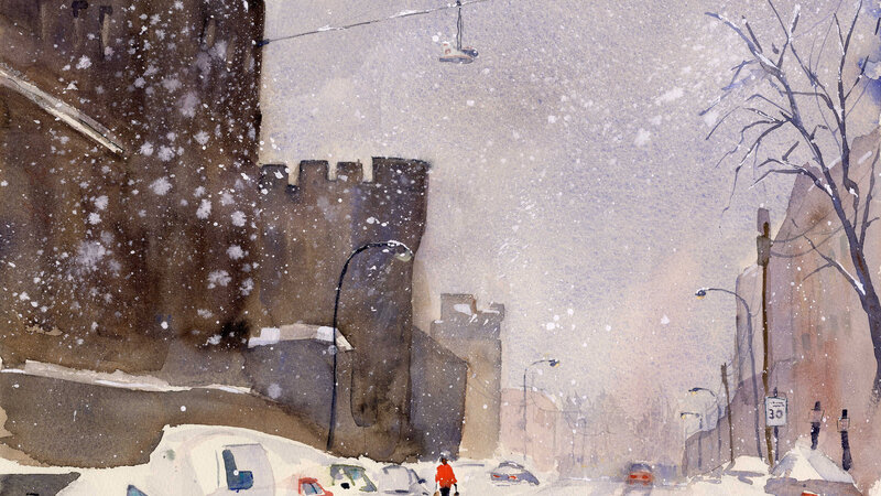Eastern State Penitentiary watercolor snow scene