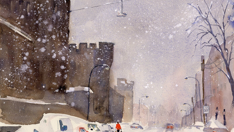 Eastern State Penitentiary watercolor snow scene