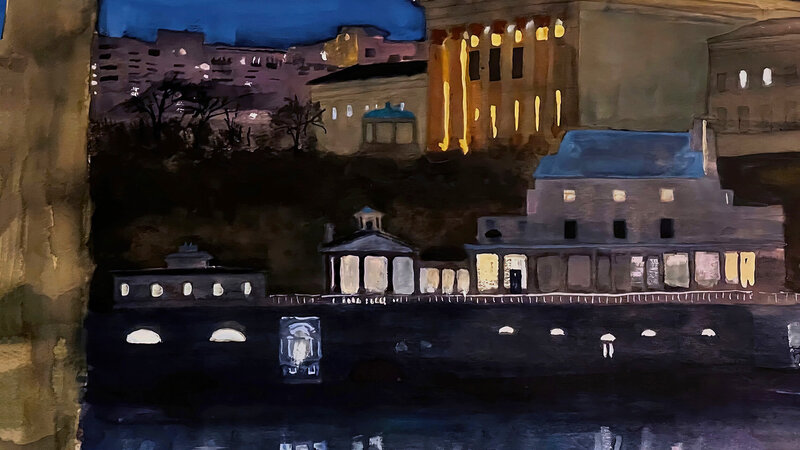 Watercolor of Philadelphia Art Museum and Waterworks
