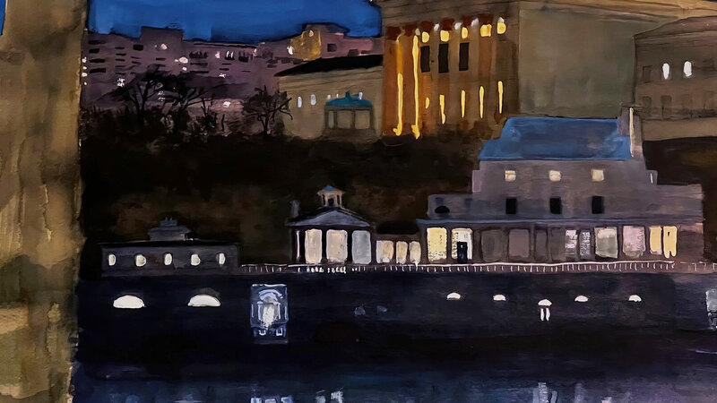 Watercolor of Philadelphia Art Museum and Waterworks