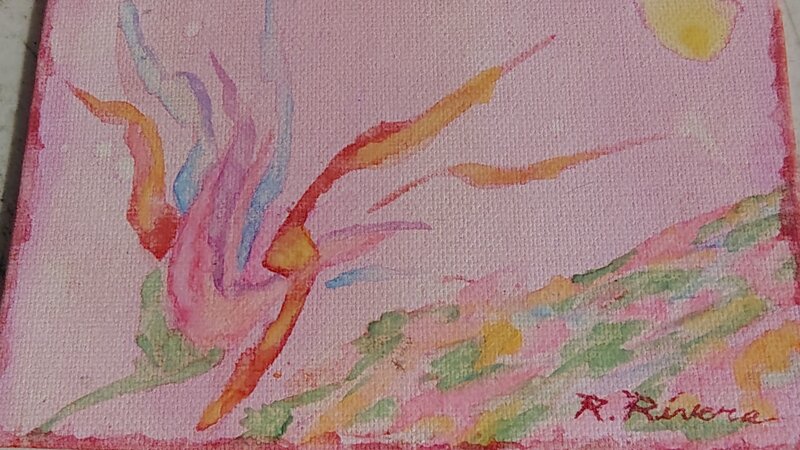 Abstract flower, sun and grassy hill 