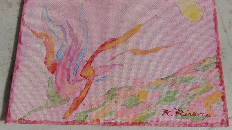 Abstract flower, sun and grassy hill 