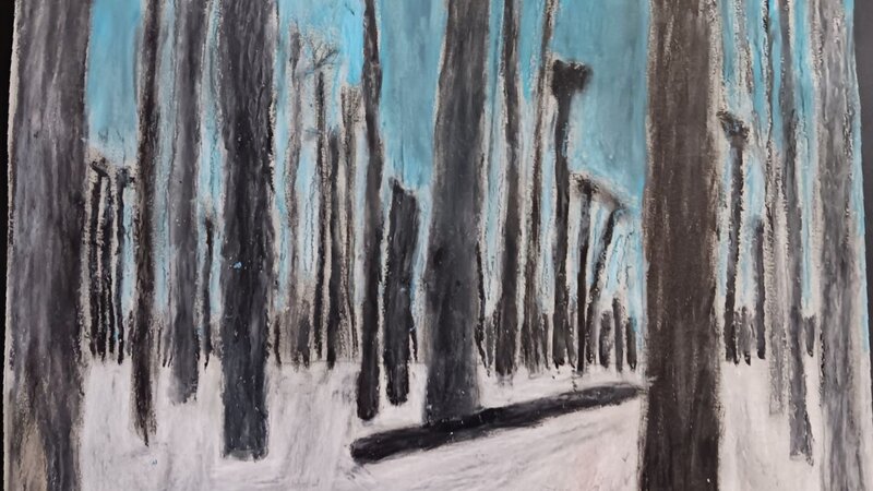 Blackened trees stand in a blue sky