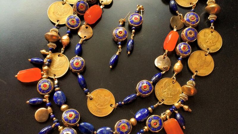 ROX Lapis, Sodalite, Carnelian and Brass Necklace with Tibetan Inlaid Coral and Lapis Beads, Indonesian Coins, Mali, Ghanaian, Ethiopiand Indonesian Brass