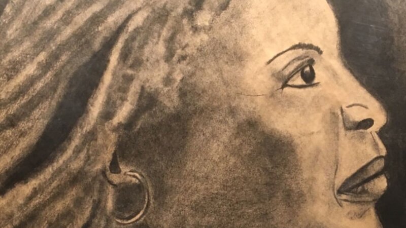 Charcoal drawing of American novelist Toni Morrison by Toya Bonita Wallace.