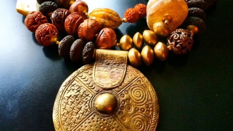 Ghanaian Brass Necklace with Raw Amber, Lava Rock, Jasper, Icara Nut, Rudraksha Seed, Carved Resin and Mali Brass
