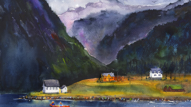 Mostraumen, Norway watercolor of Fjords