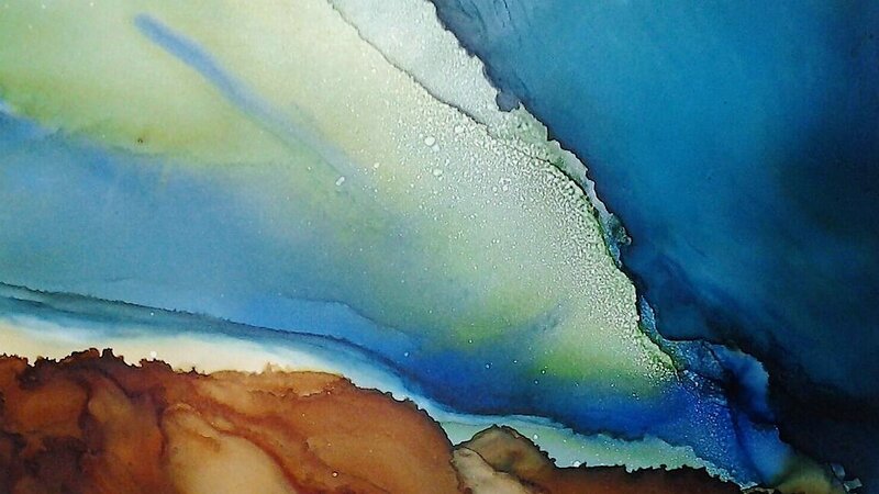 alcohol ink teacher workshop Santa Rosa California Rhea Schnurman yupo storm sky mountains watercolor classes