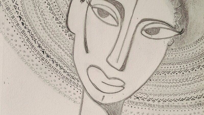 Sketch of female's face with cornrows and afro comprised of tribal symbols