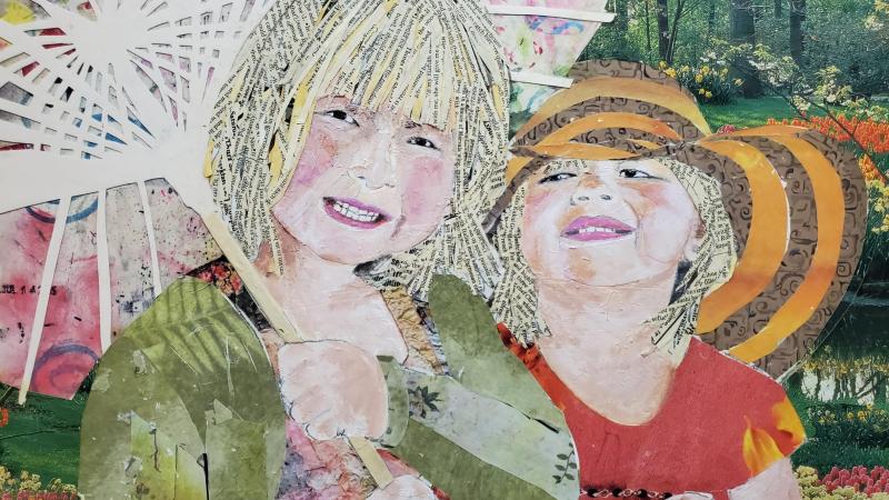 "Sisters" A torn and cut paper collage of two sisters, one with a parasol and the other with a floppy hat. Both are smiling.