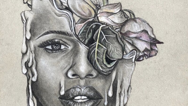 Aestas, drawing, woman, melting, charcoal, flowers, head, black