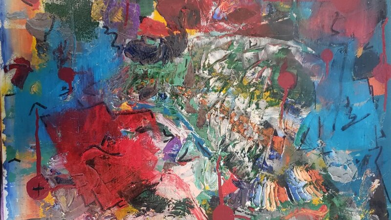 Multi-colored abtracted expression utilizing various paint mediums.