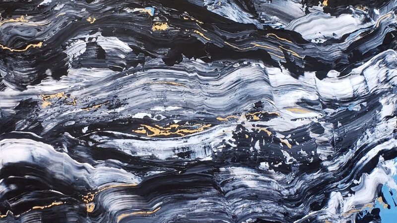 Black and white acrylic applied to canvas with sky blue acrylic base. Horizontal flowing movement with veins of gold leaf.