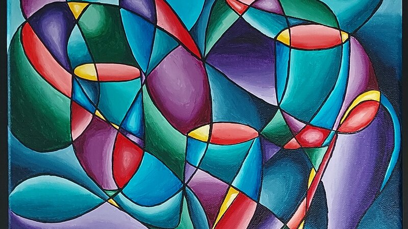 Acrylic painting titled, Corazones y tumbadoras