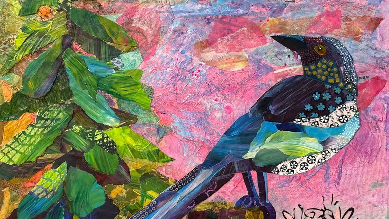Mixed media torn-paper collage depicting a magpie bird perched on a tree stump with a pine tree and mountains in background.