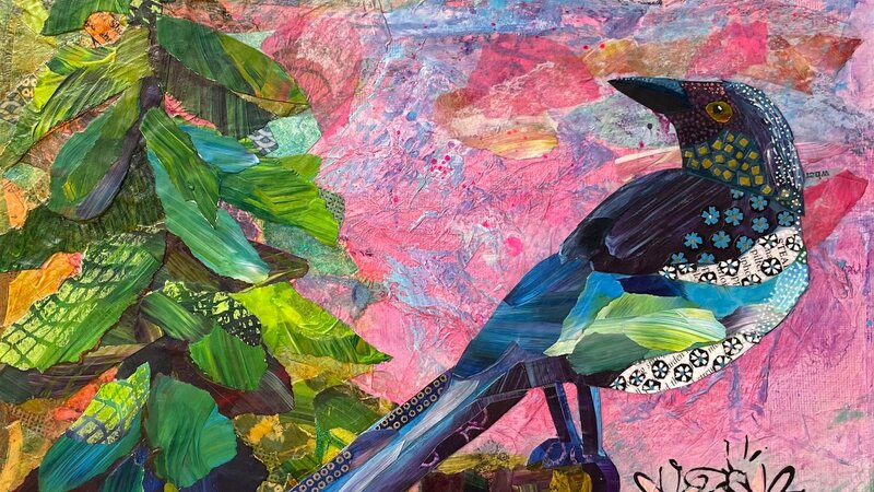 Mixed media torn-paper collage depicting a magpie bird perched on a tree stump with a pine tree and mountains in background.