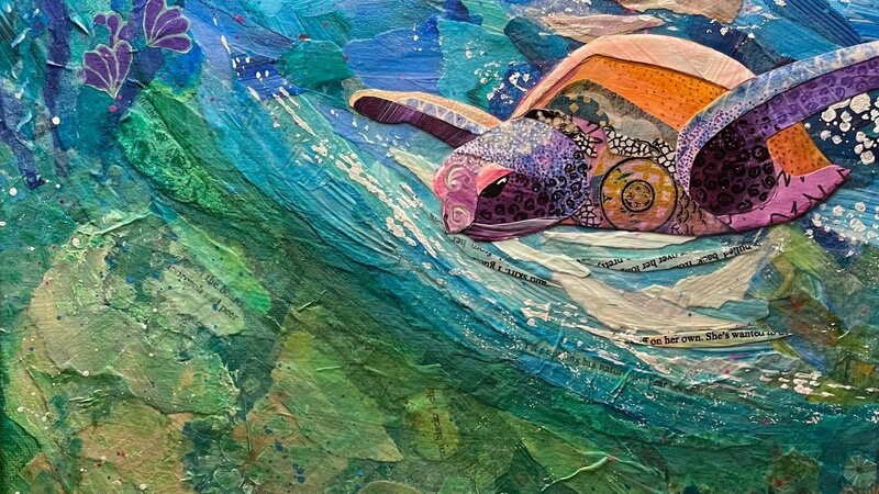 Mixed media torn-paper collage of a swimming sea turtle. Ocean floor and coral reefs in background.