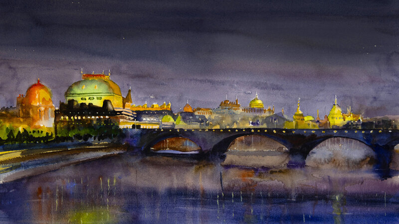 Budapest Hungary watercolor night scene with the Chain Bridge lit up