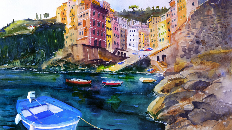  Riomaggiore Cinque Terre Italy with Blue Boat and Cliff Houses