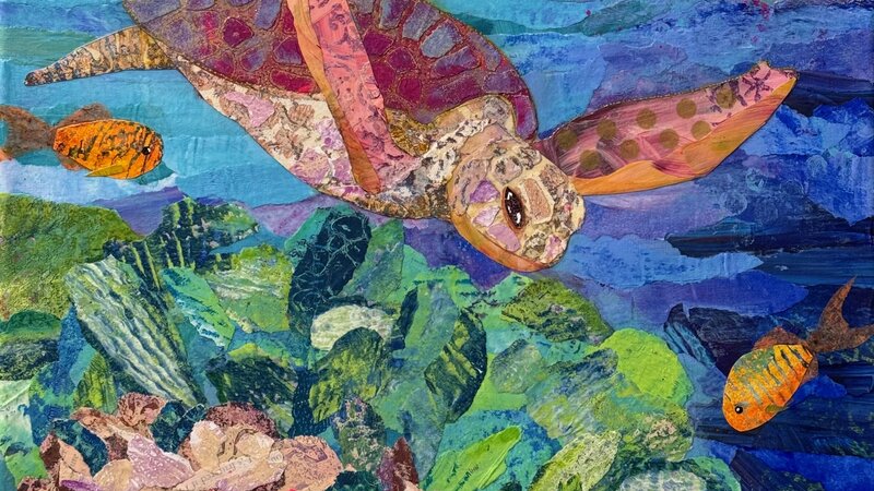 Mixed media torn-paper collage depicting a swimming sea turtle and tropical fish over ocean coral.