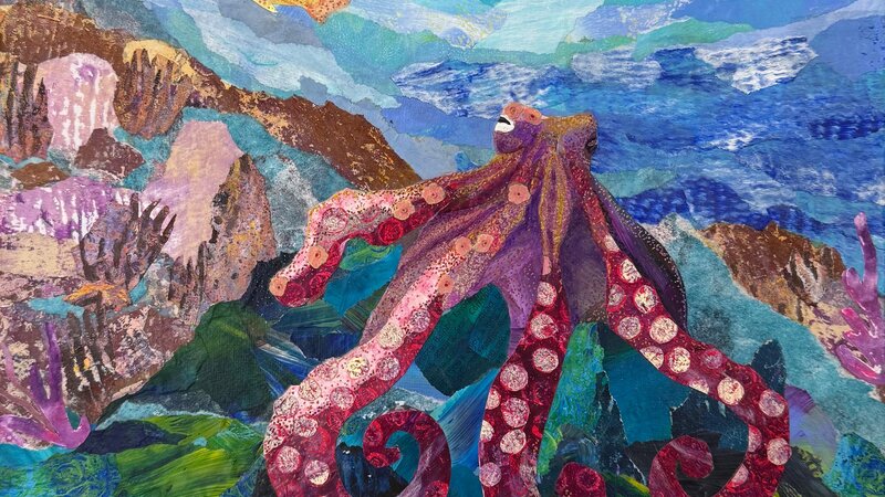 Mixed media torn-paper collage depicting a resting octopus on ocean rocks with coral and swimming fish in background.