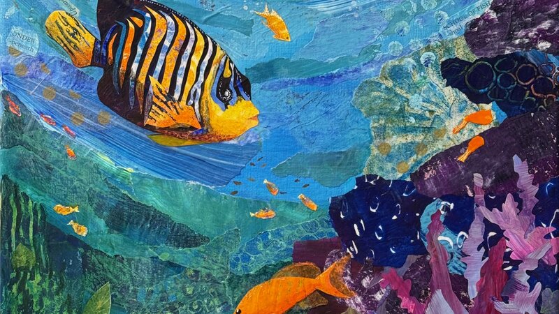 Mixed media torn-paper collage of multiple tropical fish swimming among coral