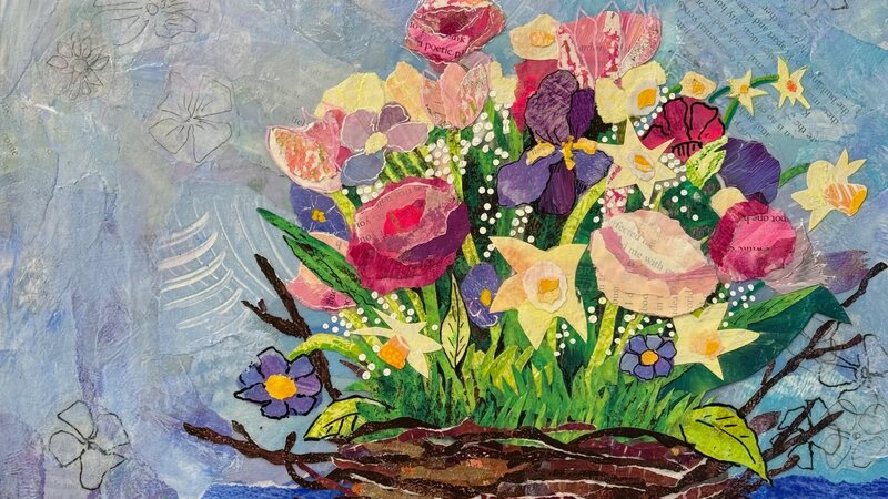 Mixed media torn-paper collage depicting a basket made of twigs containing an array of pink and yellow spring flowers.  Abstract blue background.
