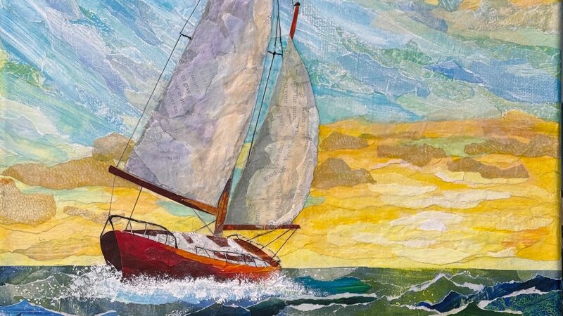 Mixed media torn-paper collage of a red sailboat sailing in choppy seas at sunrise.