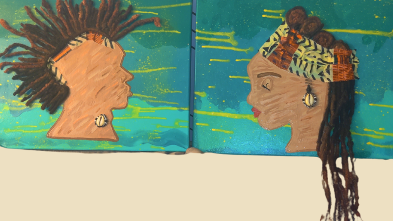 Male and female profiles, Mixed Media on 16 x 20 canvases (Acrylic paint, fabric, wire, beads, shell, and human hair)