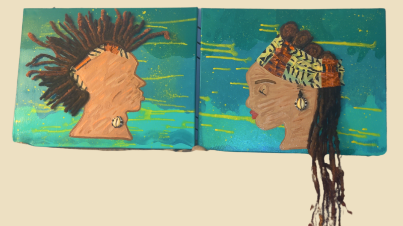 Male and female profiles, Mixed Media on 16 x 20 canvases (Acrylic paint, fabric, wire, beads, shell, and human hair)