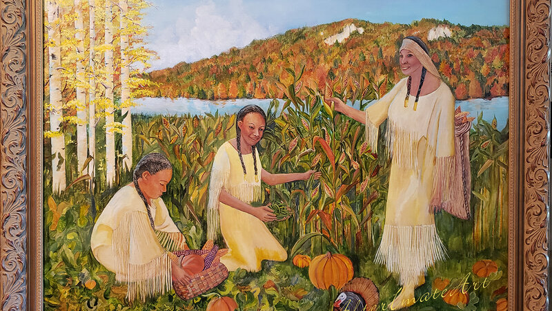 Three Sisters picking Corn Beans and Squash with traditional baskets