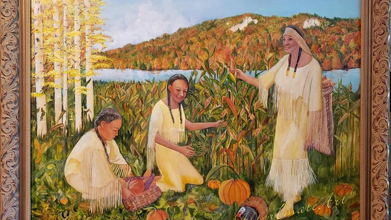 Three Sisters picking Corn Beans and Squash with traditional baskets