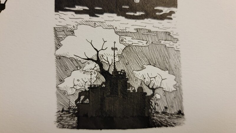 Ink on paper sky with clouds and tree