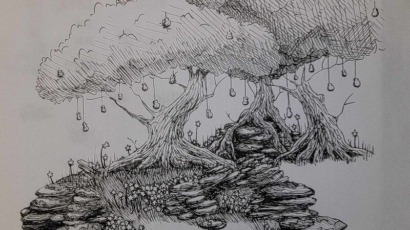 Ink on paper two trees on a rock wall