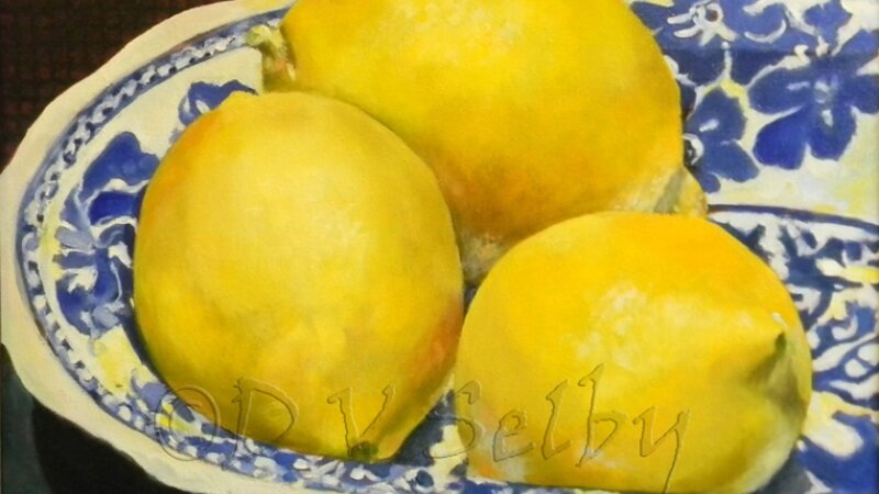 Oil Painting by De Selby of 3 Lemons Bowl view at www.dselby.com