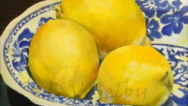 Oil Painting by De Selby of 3 Lemons Bowl view at www.dselby.com