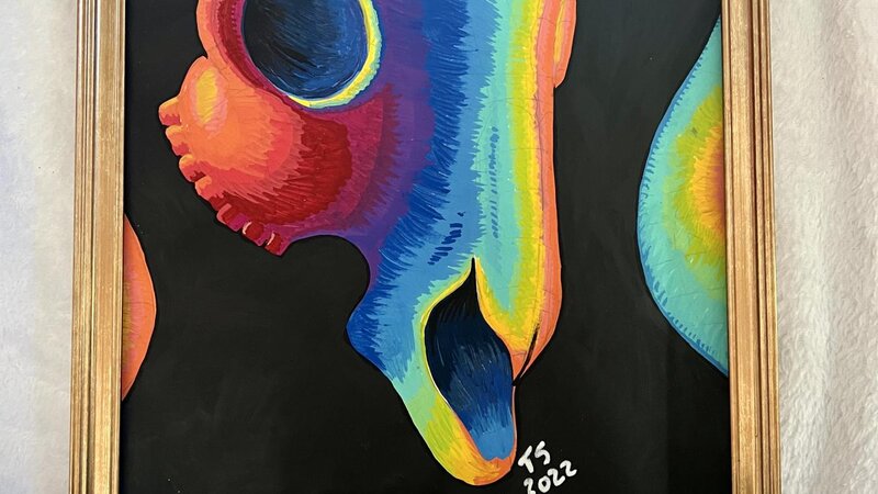 A painting of a ram skull