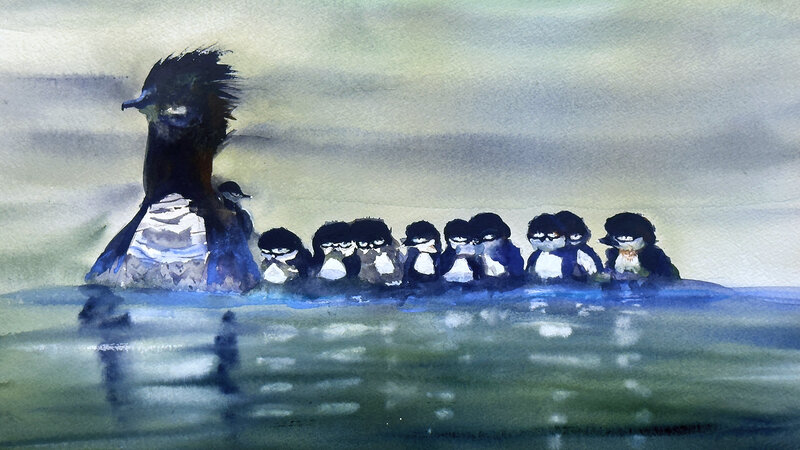 Ducks swimming, Common Merganser mother with Brood of chicks