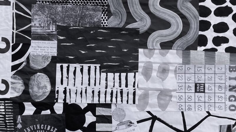 Large paper collage with paint, chalk, toner & paper tape.