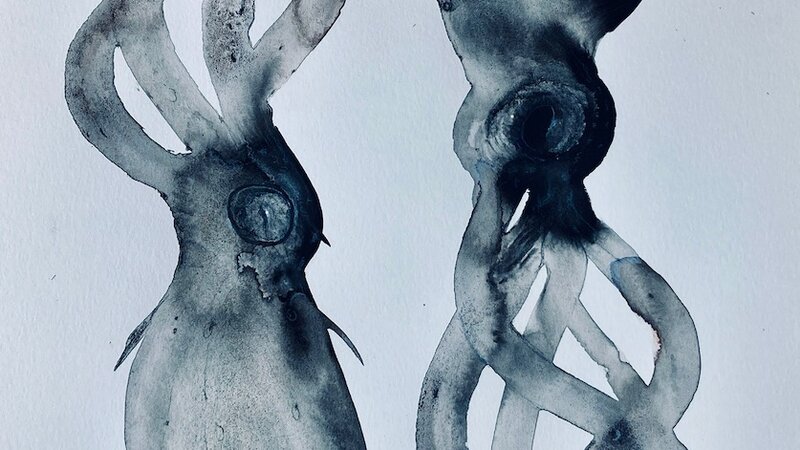 Cephalopod painting in India Ink, 2024.
