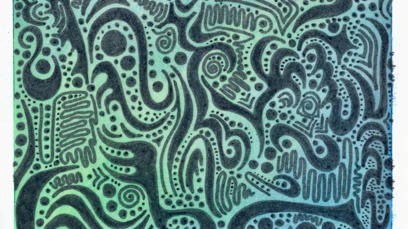 Geometric line art with a blue-green colored background