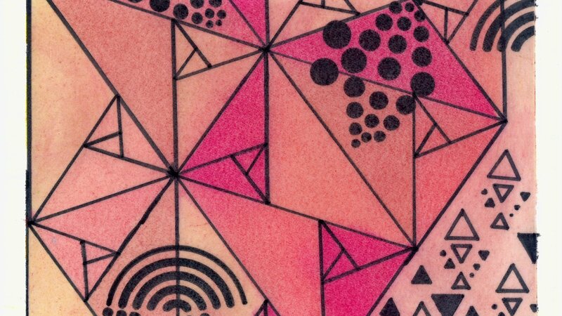 Geometric design of triangles and circles, on a paper, with red, yellow, and orange coloring. 