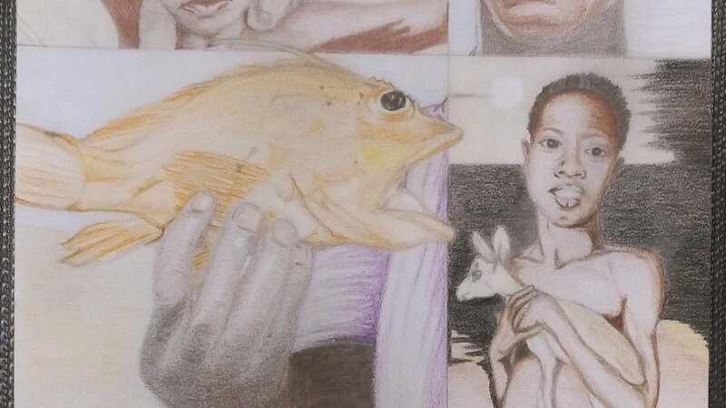 Wooden framed under glass color pencil drawing on paper.