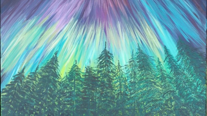 Aurora, forest, pine trees, purple, yellow, turquoise, by Dawn Cooper, Moonscribe