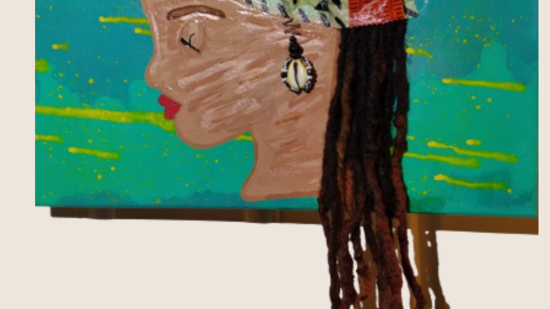 Woman profile, mixed media on canvas 16 x 20 (Acrylic paint, fabric, wire, beads, shell, and human hair)
