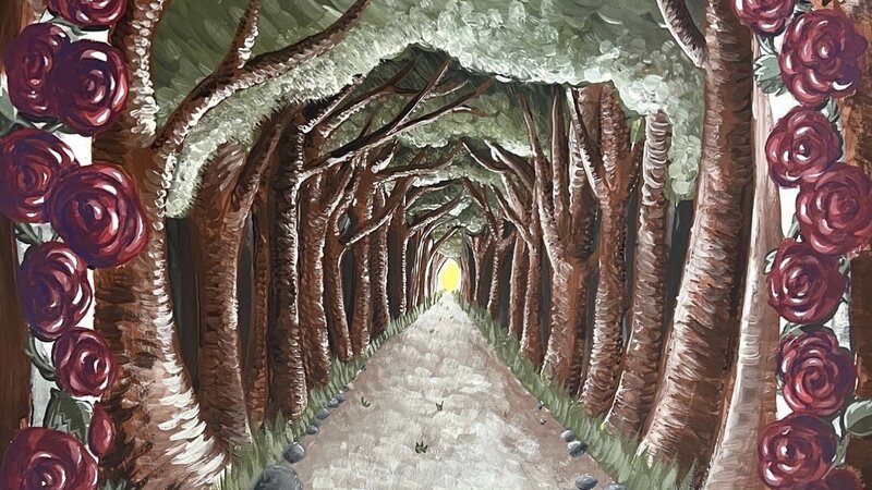 A painting of a path under an arc