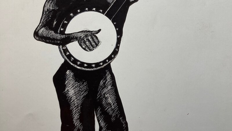 "A Banjo & His Boy" Scratchboard painting in India ink, 2020.